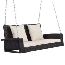2 Person Wicker Hanging Porch Swing With Chains, Cushion, Pillow, Rattan Swing Bench For Garden, Backyard - White / Gray