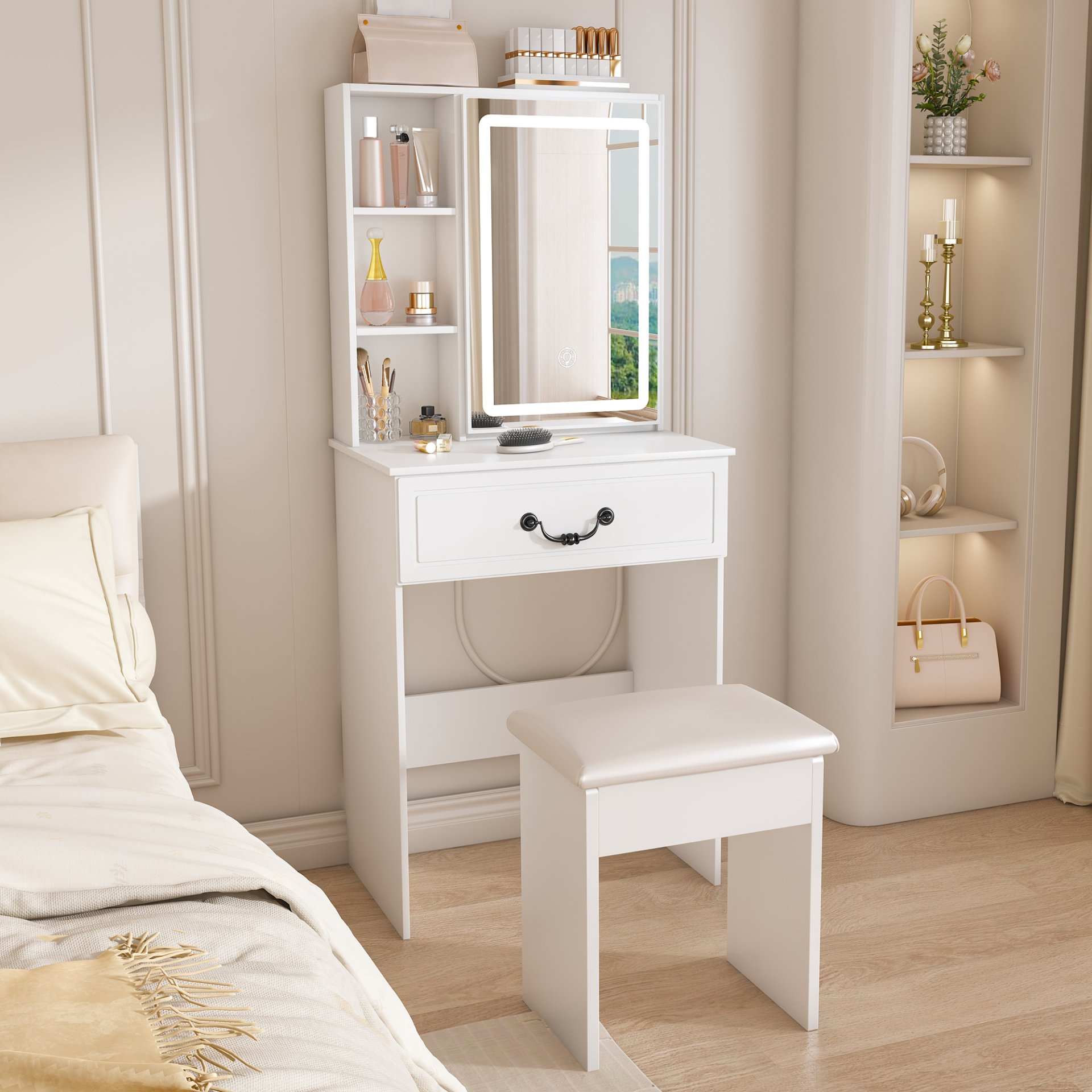 Modern Mini Dressing Table With Led-Lit Mirror & Hidden Storage, Adjustable Brightness Vanity Desk - White - Image 4