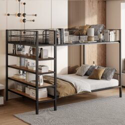 Twin Over Full Bunk Bed With 5 Tier Shelves - Black