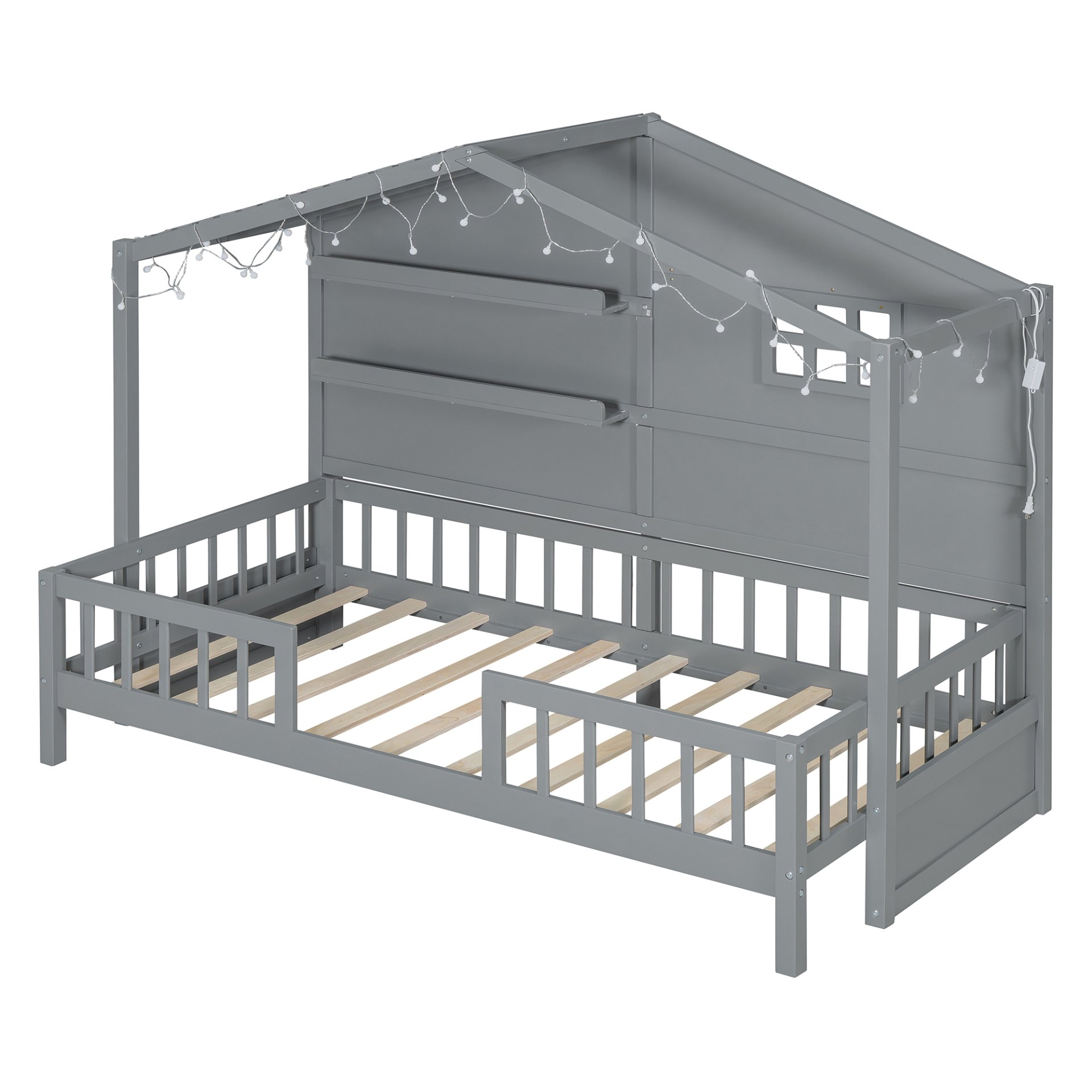 Twin Size House Bed With Shelves, Window And Sparkling Light Strip On The Roof - Gray - Image 10
