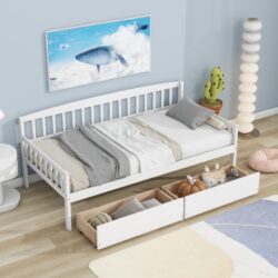 Twin Size Pine Wood Daybed With Two Storage Drawers, Sofa Bed With Bed Platform Of 10 Support Slats - White