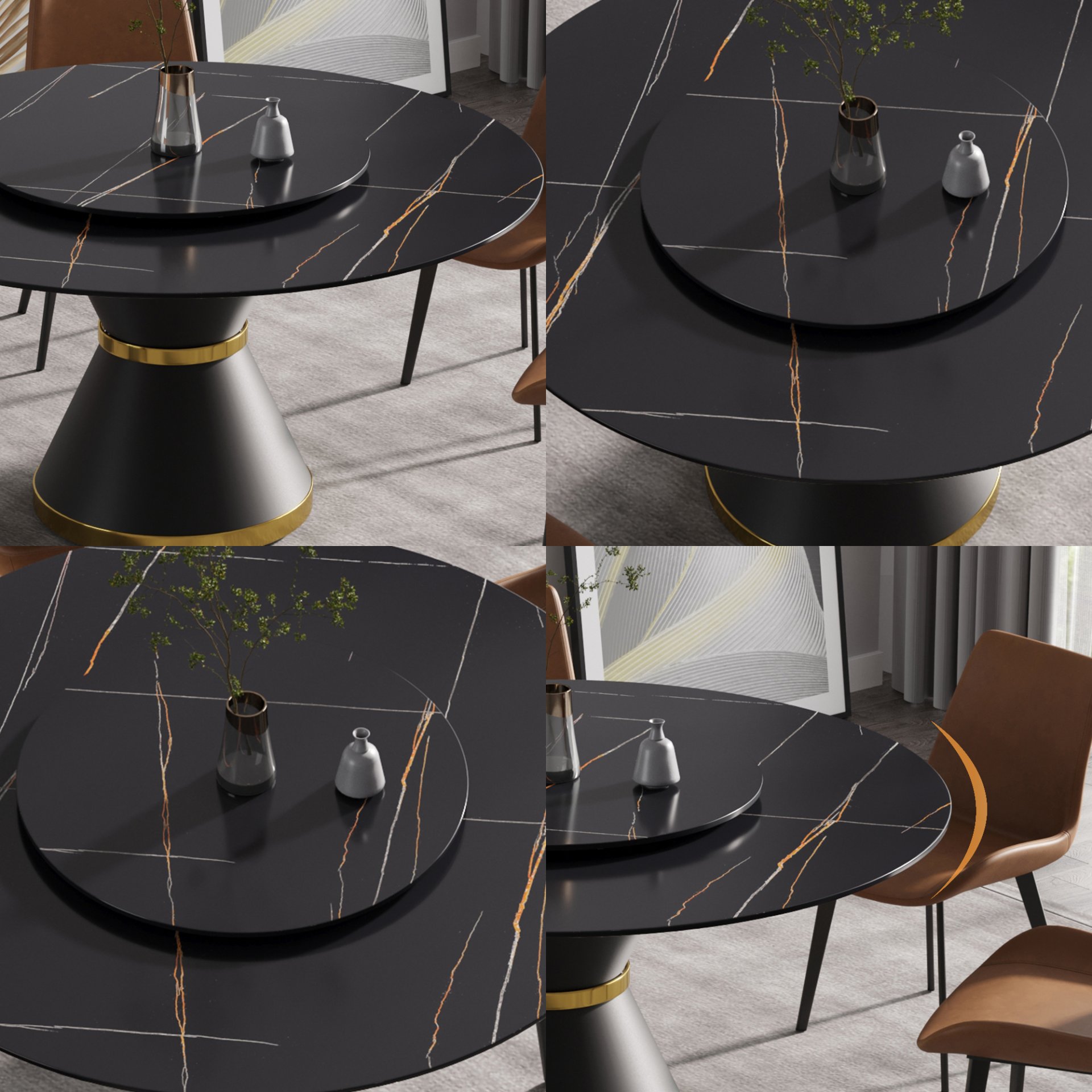Modern Artificial Stone Round Carbon Steel Base Dining Table, Can Accommodate 6 People Artificial Stone Turntable - Black - Image 5