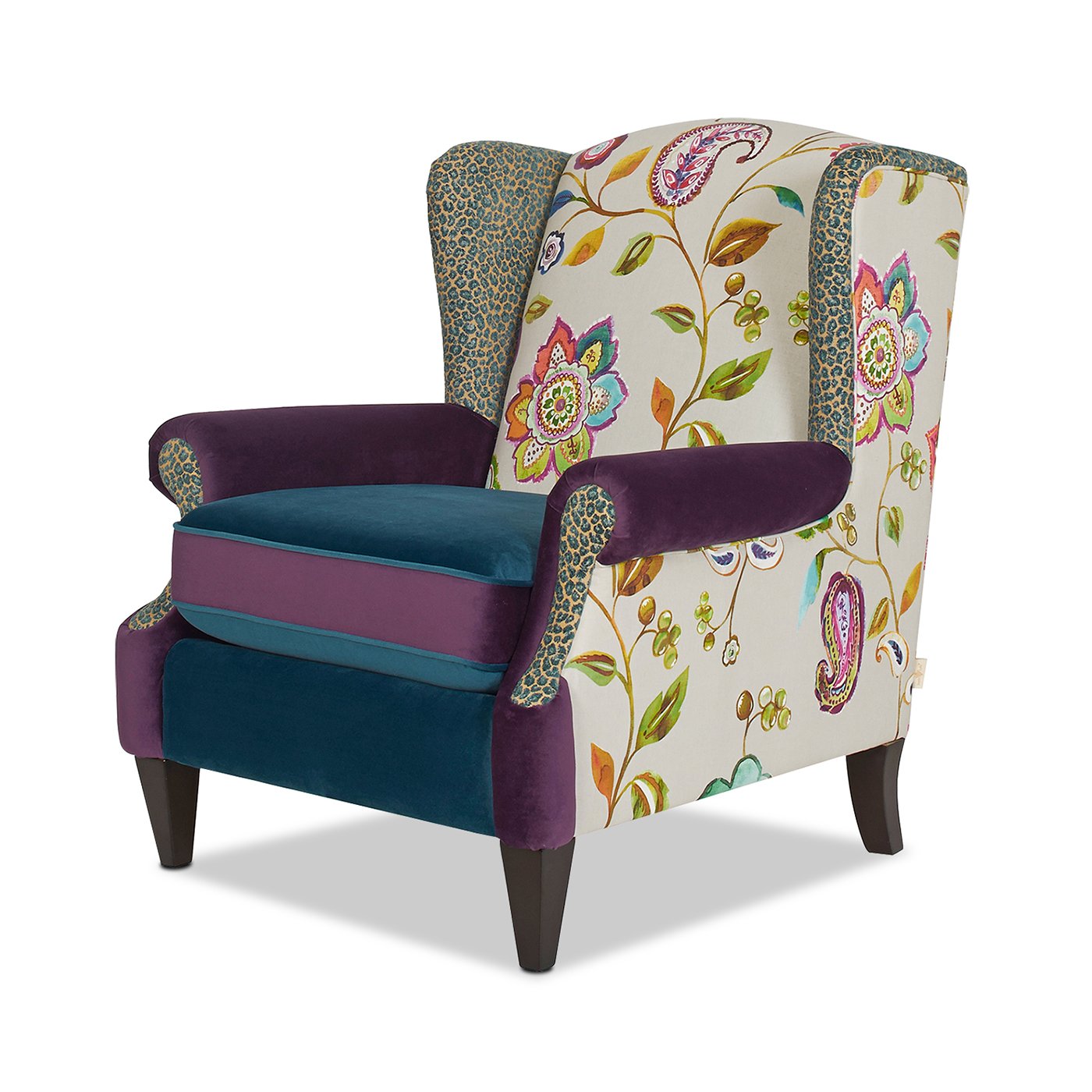 Anya - Boho Chic Wingback Accent Arm Chair - Floral / Leopard / Blue Teal / Purple - Image 3