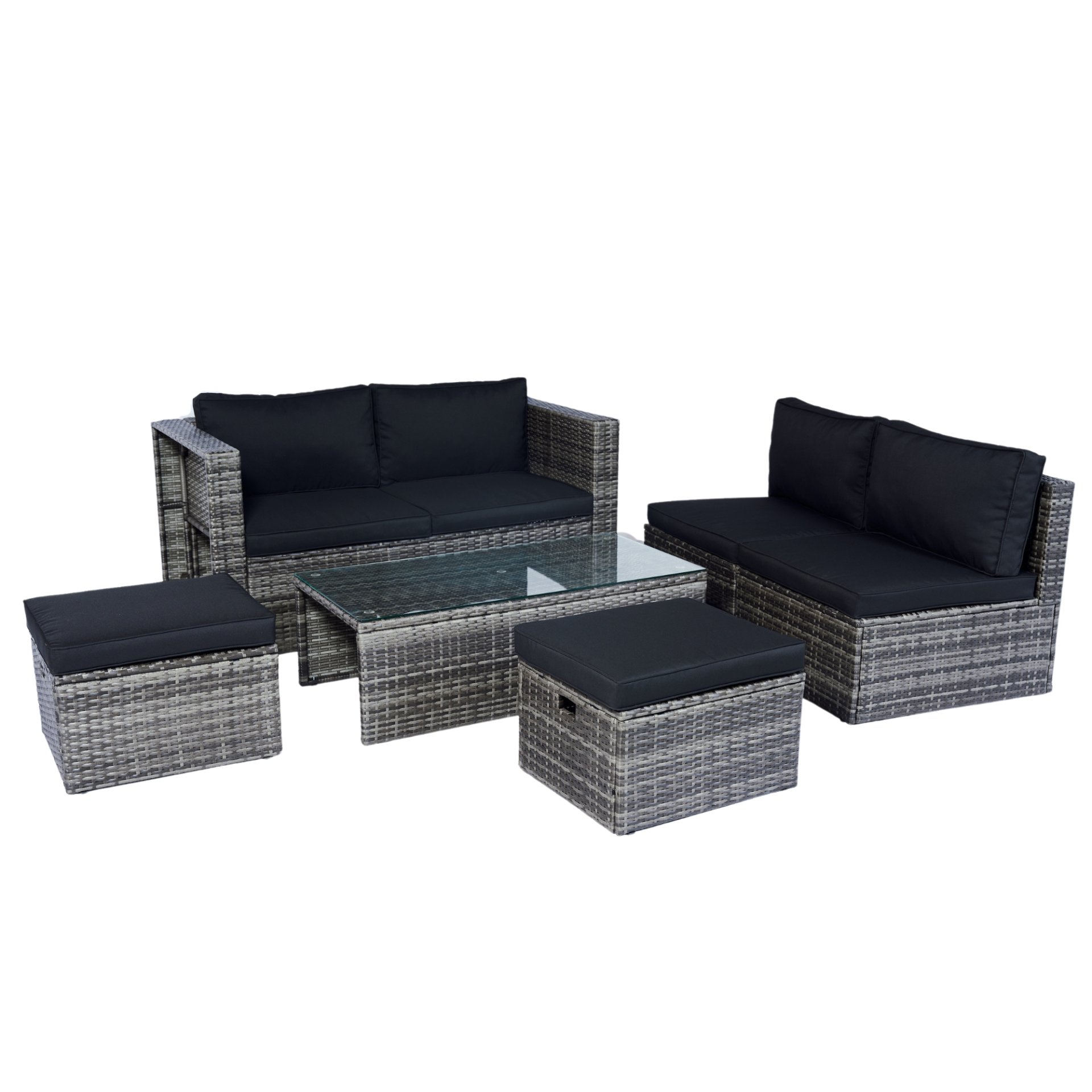 6 Piece Patio Wicker Sectional Set Patio Backyard Conversation Set Space Saving - Gray / Black - Image 17