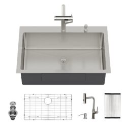 30" Single Bowl Drop In Kitchen Sink With Pull Out Faucet And Soap Dispenser - Brushed Nickel