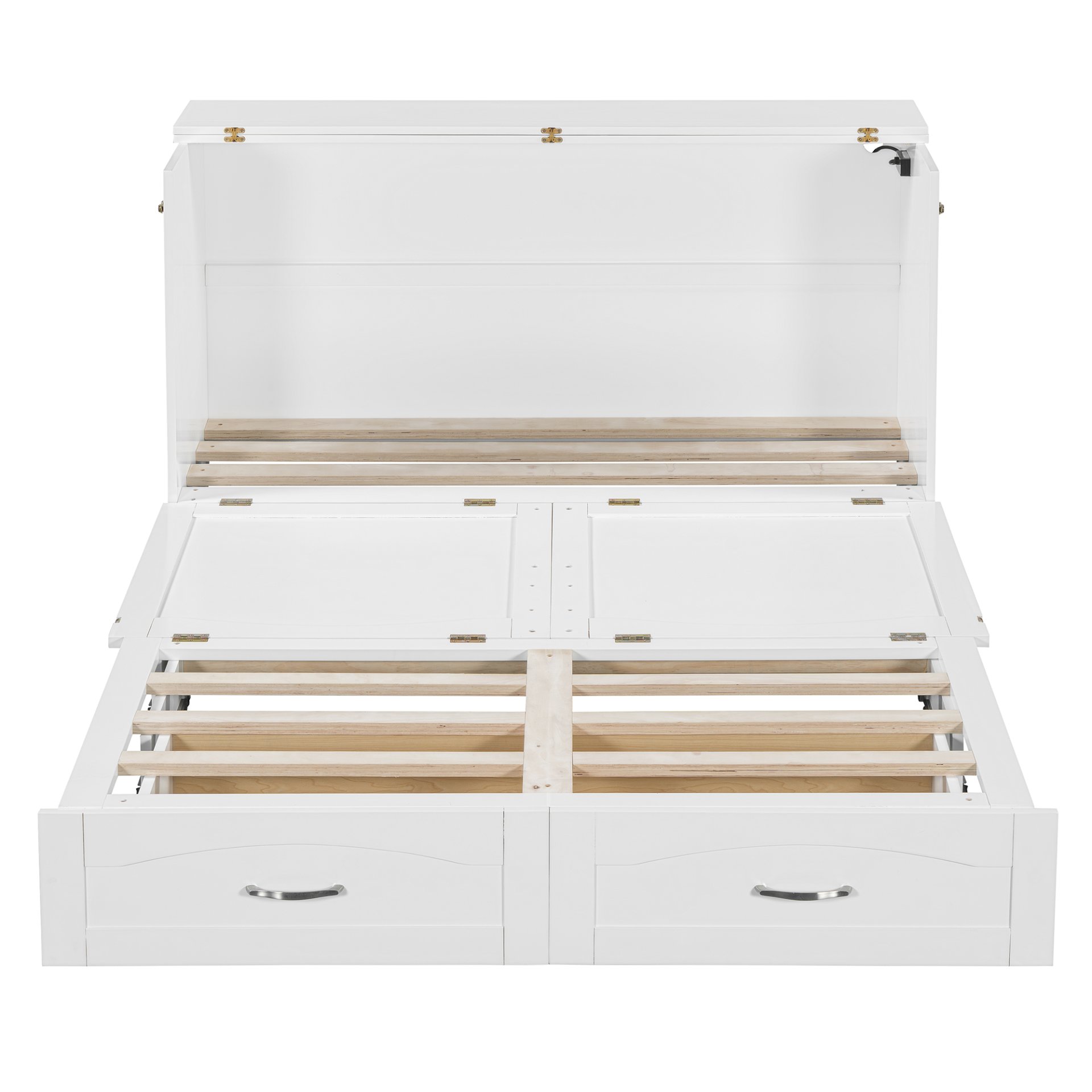 Queen Size Murphy Wall Bed With Drawer And A Set Of Sockets & USB Ports, Pulley Structure Design - White - Image 20