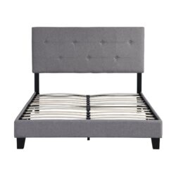 Full Size Upholstered Platform Bed Frame With Button Tufted Linen Headboard And Wood Slat Support - Gray