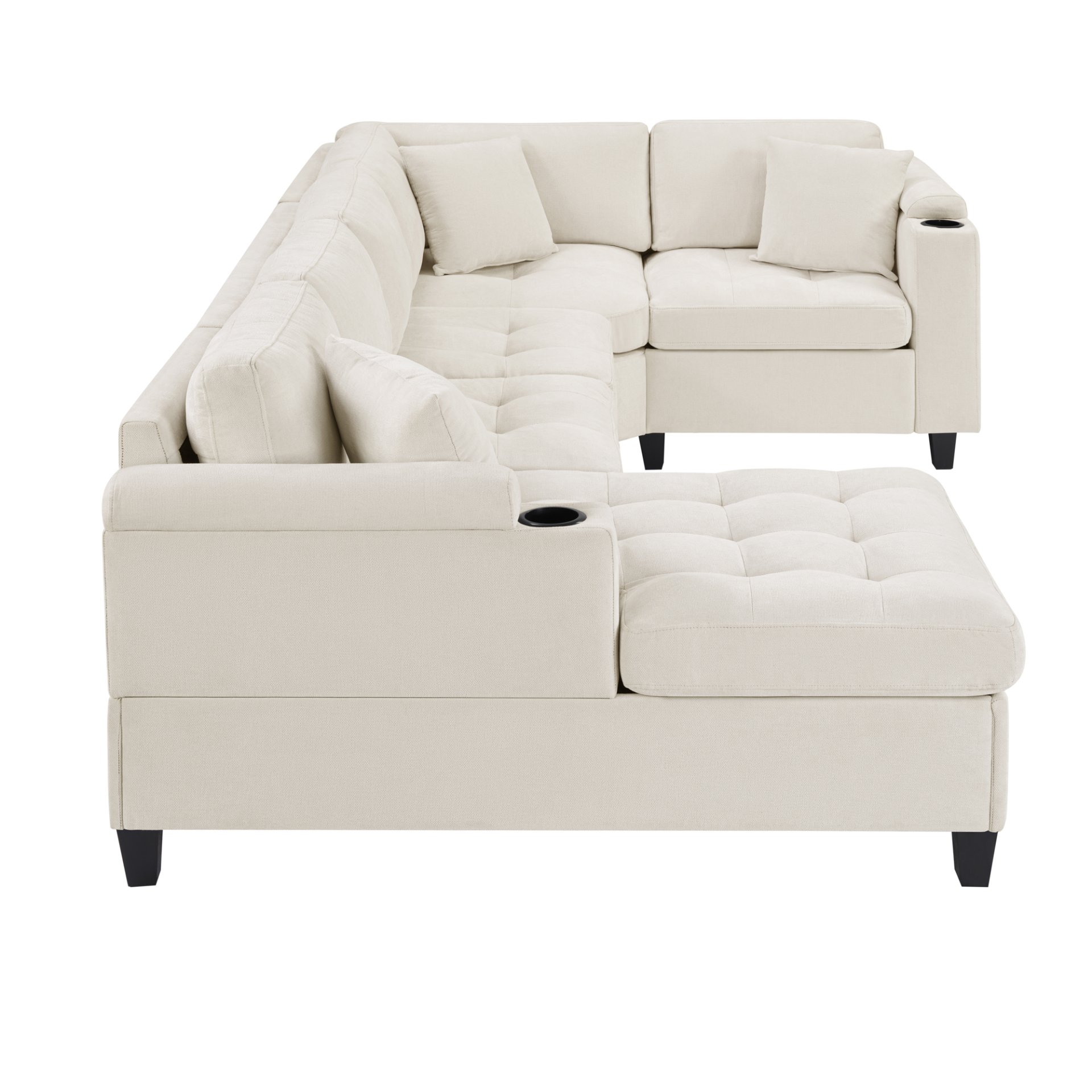 U Shaped Sectional Sofa, Corner Living Room Couch With Built In Cup Holders, Storage, USB Ports - Beige - Image 10