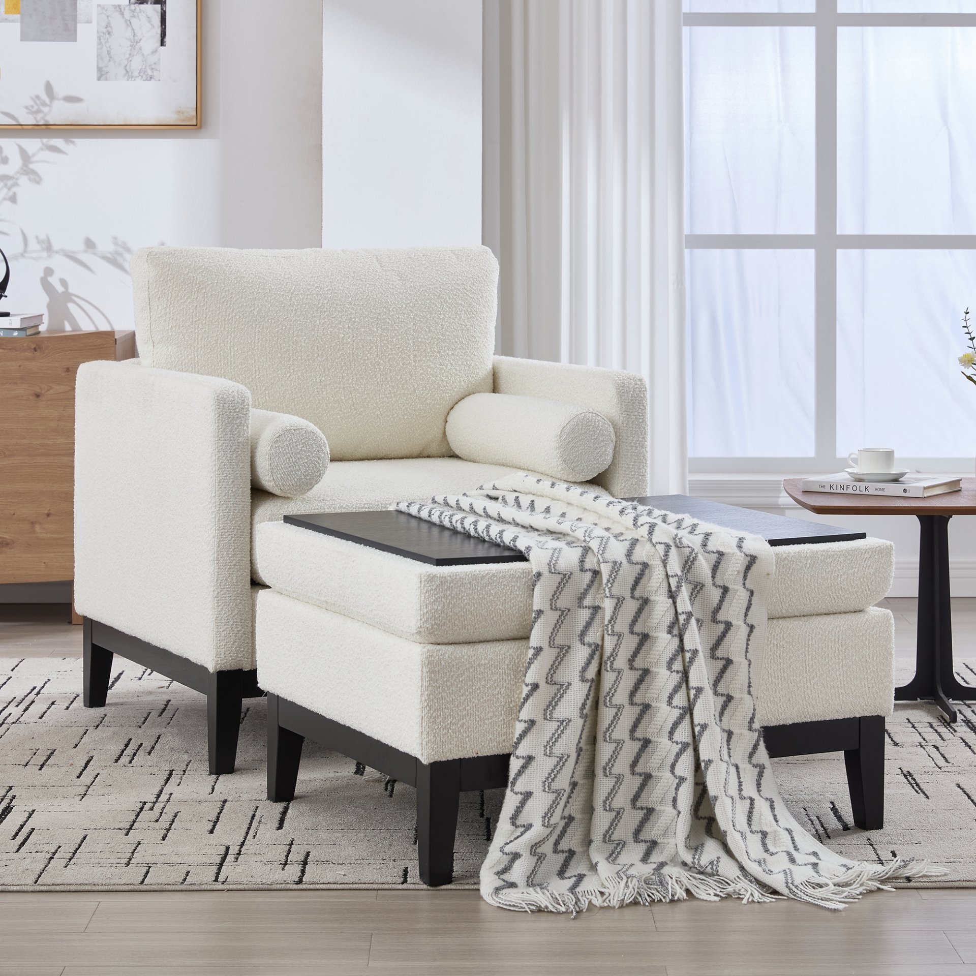 Farmhouse Upholstered Accent Chair With Ottoman, Wood Base, Reversible Lid Coffee Table For Living Room Or Office - Ivory - Image 8