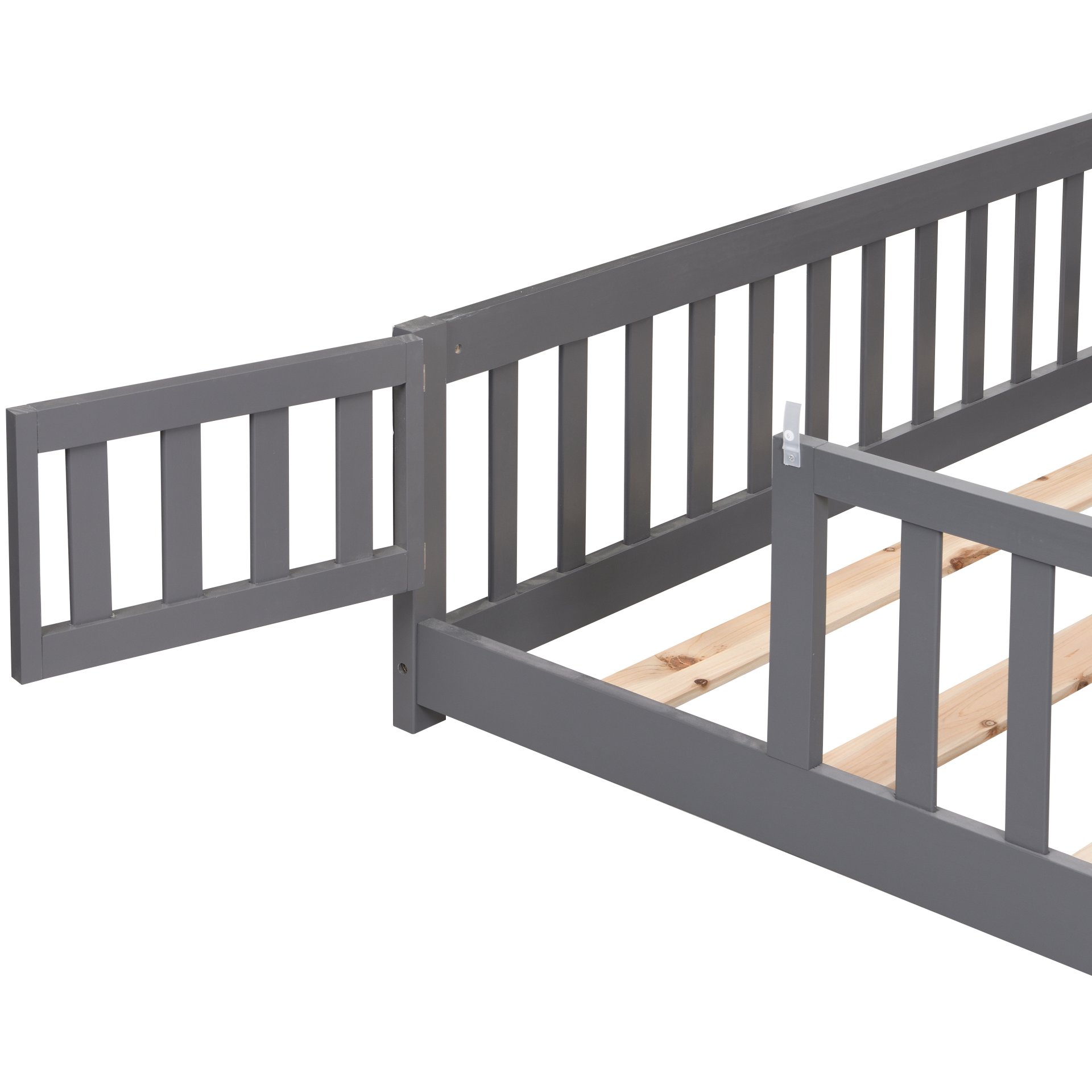 Solid Wood Full Size Floor Bed With Door And Fence For Children, Pine Wood Construction - Gray - Image 7