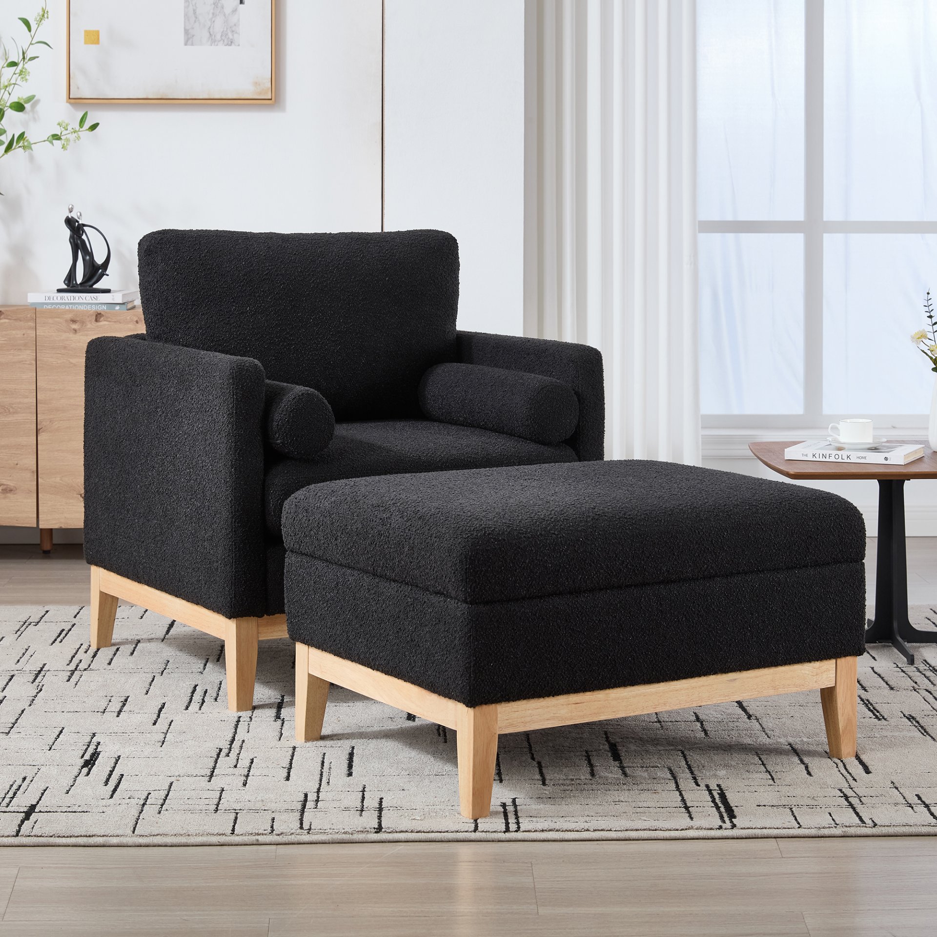 Farmhouse Upholstered Accent Chair With Ottoman Wood Base, Reversible Lid Coffee Table For Living Room - Black - Image 2