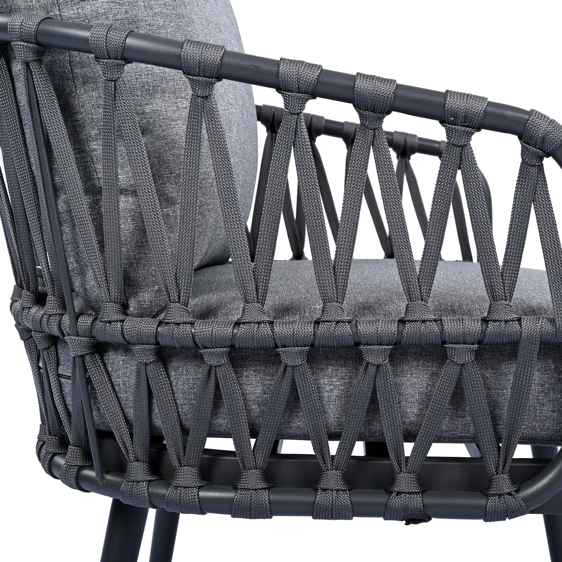 4 Piece Outdoor Patio Furniture Set, Metal Chairs With Woven Rope U Shaped Backrest, Outdoor Conversation Set With Thick Cushions And Coffee Table For Garden, Poolside, Balcony - Black / Gray - Image 23