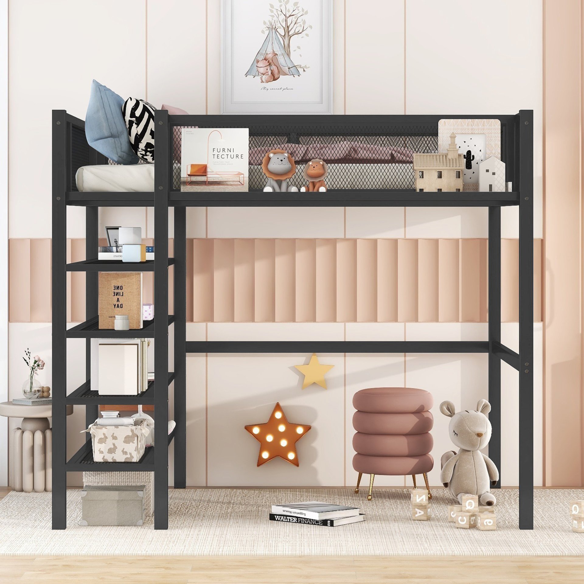 Twin Size Loft Bed With 4 Tier Shelves And Storage - Black - Image 2