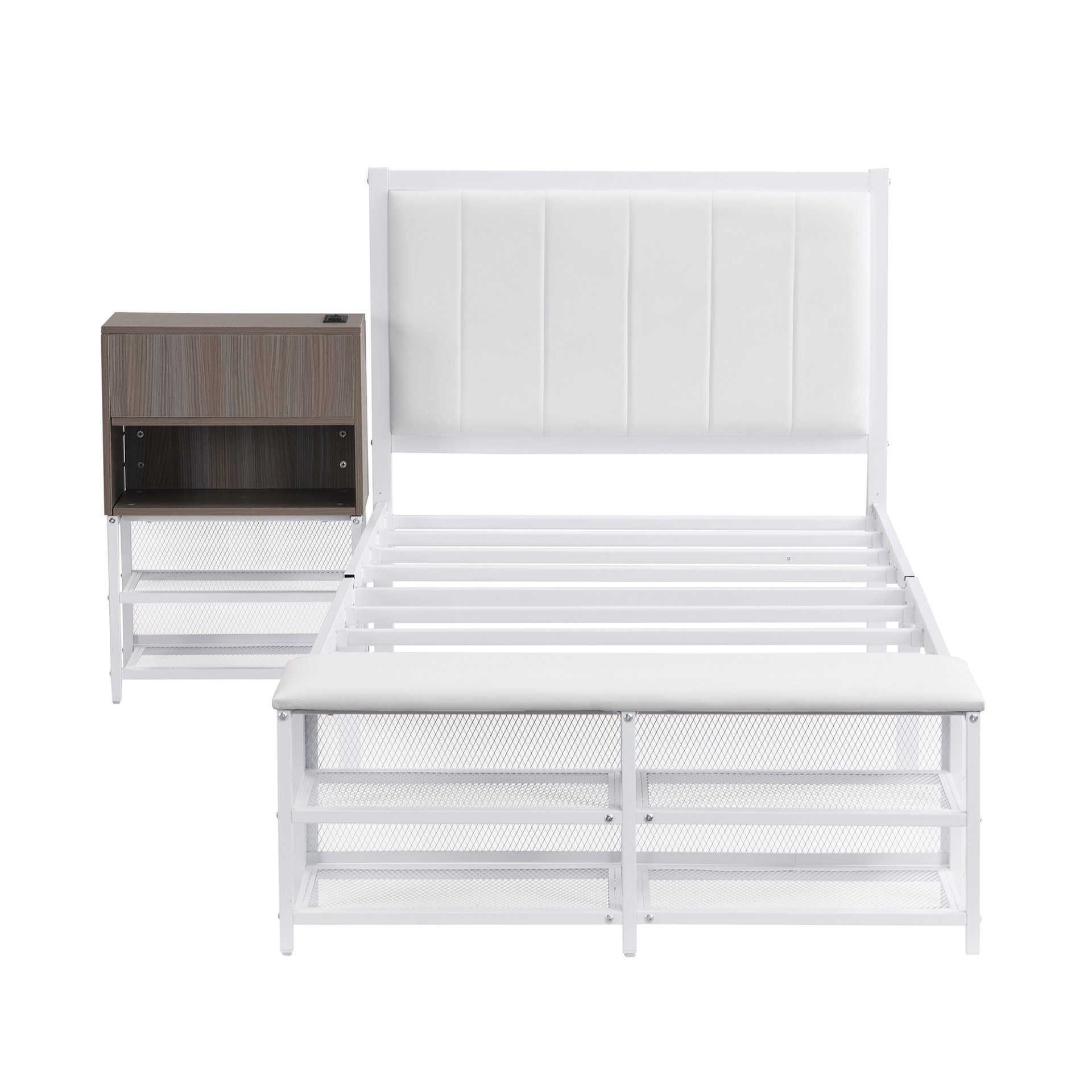 Twin Size Platform Bed With 2 Tier Storage Shelves, Storage Cabinet - White - Image 3