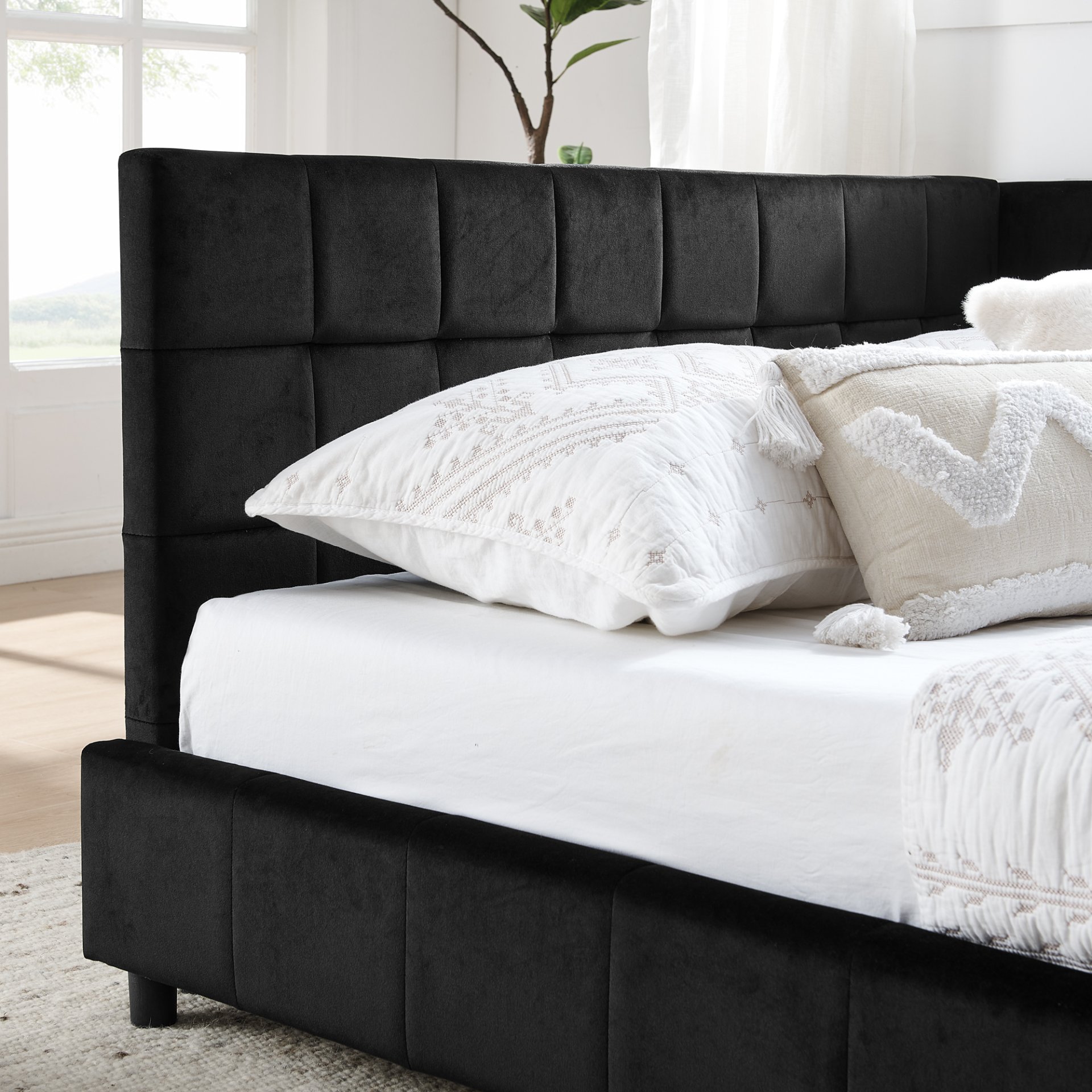 Mid Century Full Size Upholstered Tufted Bed Frame & Comfortable Backrest And Armrests Velvet - Black - Image 8