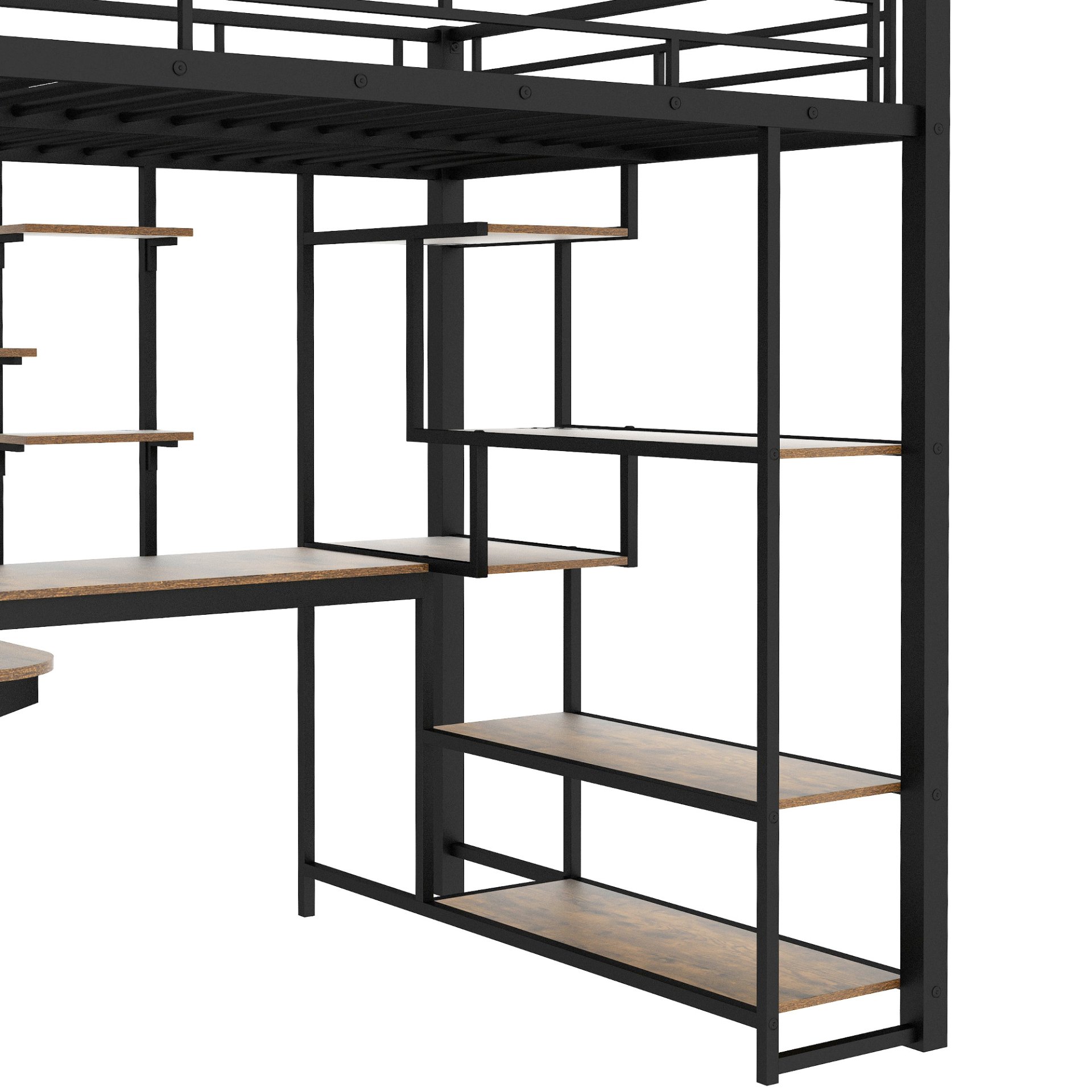 Full Size Metal Loft Bed With Storage Staircase And Small Wardrobe, Built - In Desk And Storage Shelves - Black - Image 9