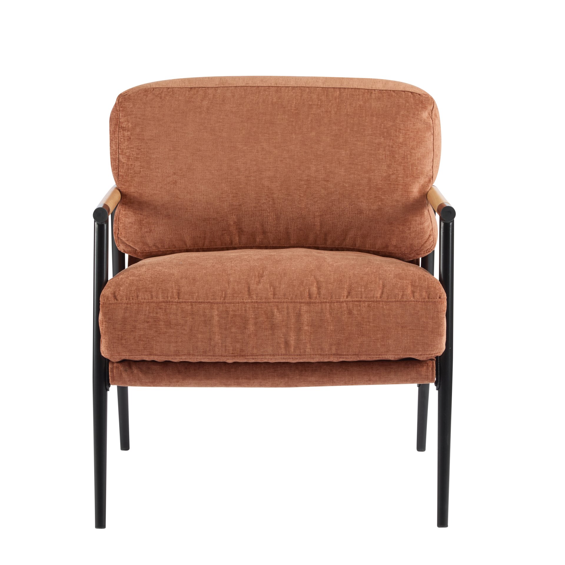 Modern Accent Chair With Plush Cushions, Minimalist Metal Frame, Wooden Armrest Design - Orange - Image 8
