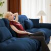 Modern Oversized 2 Seater Sofa With Ottoman Velvet Round Bolster Armrests Waist Pillow And Throw Pillows - Blue - Image 6