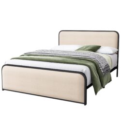 Modern Metal Bed Frame With Curved Upholstered Headboard And Footboard Bed With Under Bed Storage, Heavy Duty Metal Slats, King Size - Beige