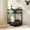 Boho Rattan Semi Circle End Table With Sliding Rattan Door, Elegant Entryway Console With Storage And Bottom Shelf - Antique Green - Image 4