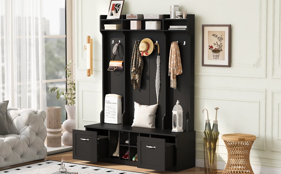 5 In 1 Entryway Bench With Coat Rack, 7 Sturdy Hooks, 2 Spacious Drawers And Adjustable Shelves, Wide Hall Tree With Metal Handles For Hallway - Black - Image 5