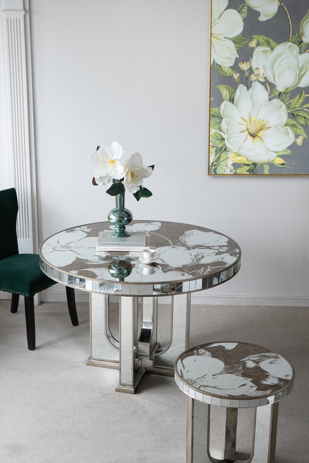 Round Dining Table With Elegant Floral Design And Mirrored - Silver Multi - Image 6