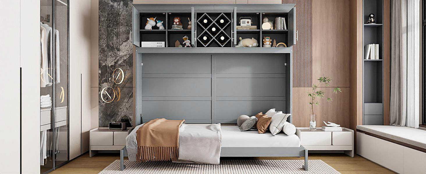 Queen Size Murphy Wall Bed With Top Cabinets & Wine Rack - Gray - Image 25