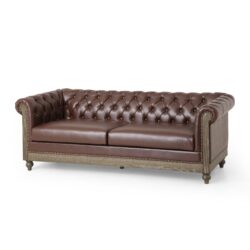 Comfy 3 Seat Sofa With Wooden Legs, Retro Style For Living Room And Study - Dark Brown