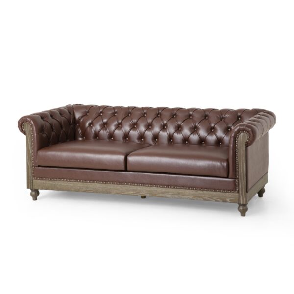 Comfy 3 Seat Sofa With Wooden Legs, Retro Style For Living Room And Study - Dark Brown