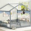 Double Twin House-Style Floor Bed With Fence, Guardrails, Without Door - Gray - Image 12