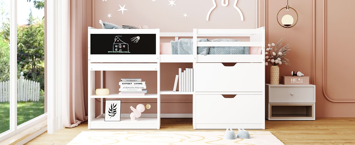 Twin Size Low Loft Bed With Rolling Desk, Shelf And Drawers - White - Image 18