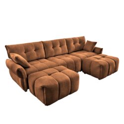 Elegant Textured 3 Seater Sofa Set With Ottoman And Throw Pillows Frame - Burnt Orange
