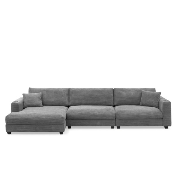 Oversized Corduroy Sectional Sofa, L Shaped Cloud Couch With USB Charging Port, Cup Holder, Deep Seat Sofa Bed With Chaise, Comfy Indoor Furniture - Gray