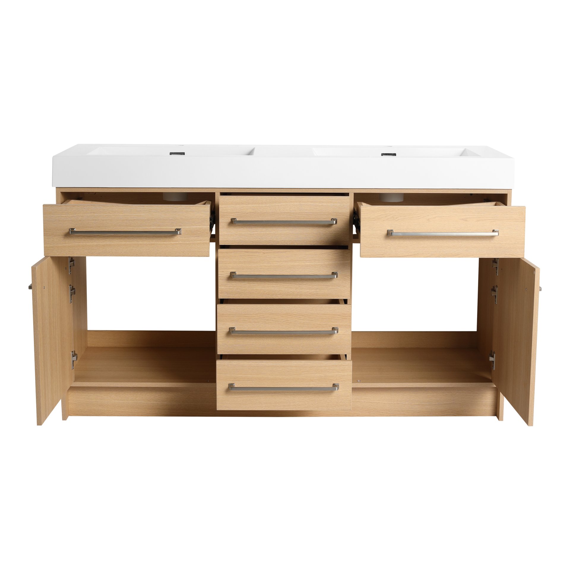 Original 60" Freestanding Bathroom Vanity With Double Resin Sink Soft Closing Doors & Drawers Plywood - Oak - Image 15