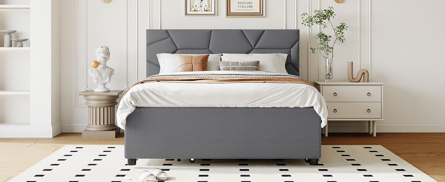 Full Size Upholstered Platform Bed With Brick Pattern Headboard, With Twin Size Trundle And 2 Drawers - Gray - Image 18