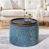 Classic Chenille Storage Ottoman Set With Drum Shaped Stool And Desktop Panel - Dark Blue - Image 6