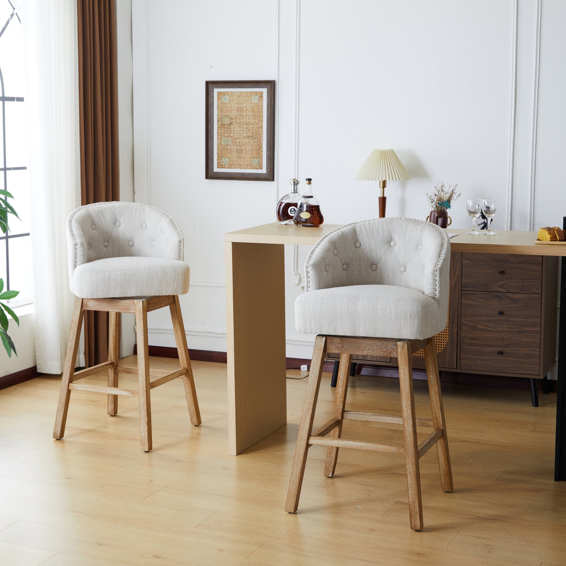 Swivel Counter Stools (Set of 2), Upholstered Counter Height Bar Stools With Solid Rubber Wood Frame, Backrest, Footrest, Armless Barstools For Home Bar, Kitchen Counter - Natural / Beige - Image 5