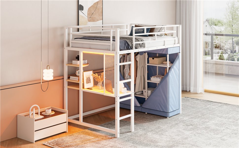 Twin Size Loft Bed With Desk, Shelves, Power Outlet, LED Light And Wardrobe - White - Image 27