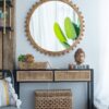 Wood Round Mirror With Beaded Frame, Circle Wall Mirror For Living Room Bedroom Entryway - Brown - Image 5