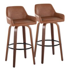 Daniella - Contemporary Fixed Height Barstool With Swivel And Round Footrest (Set of 2) - Walnut / Camel