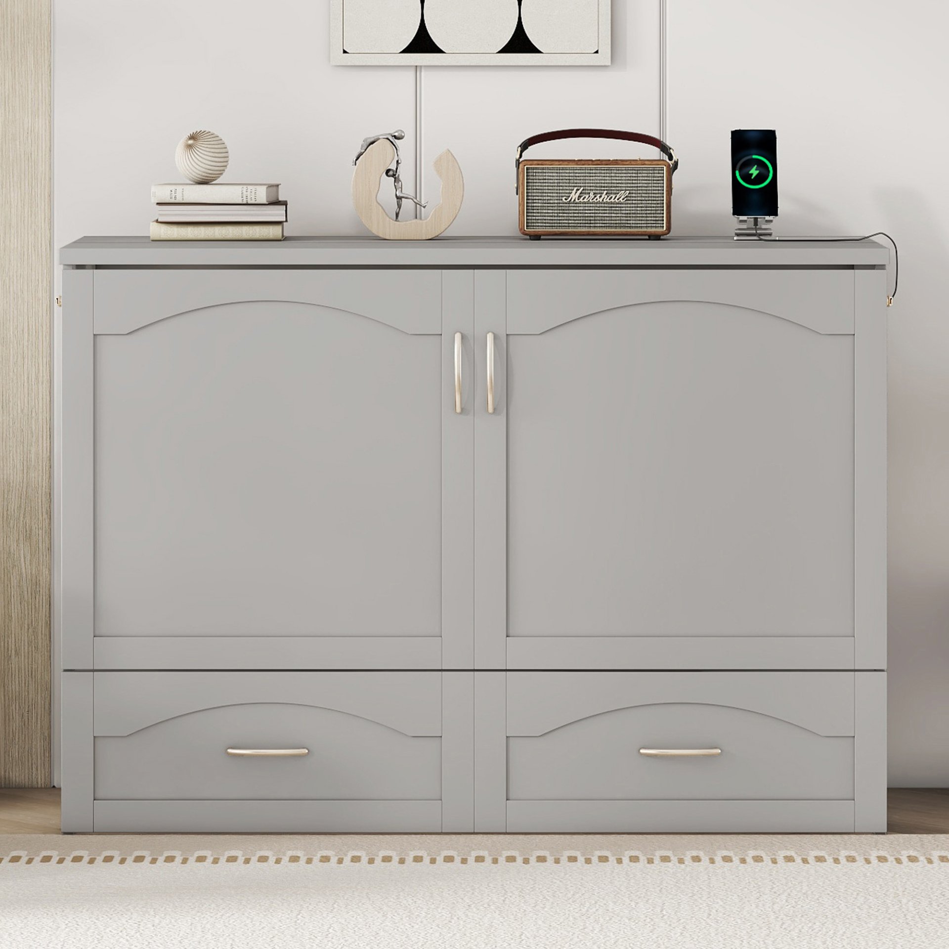 Full Size Murphy Wall Bed With Drawer And A Set Of Sockets & USB Ports, Pulley Structure Design - Gray - Image 3