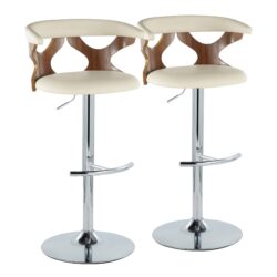Gardenia - Mid-Century Modern Adjustable Barstool With Swivel With Rounded T Footrest (Set of 2) - Walnut / Chrome / Cream