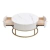 Modern Round Coffee Table With Drawers, Faux Marble, Metal Frame - Off White - Image 6