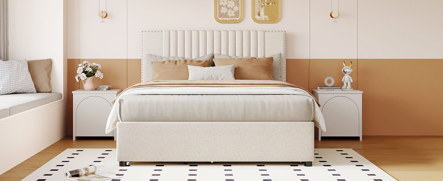 Full Size Upholstered Platform Bed With 2 Drawers And 1 Twin Size Trundle, Classic Headboard Design - Beige - Image 17