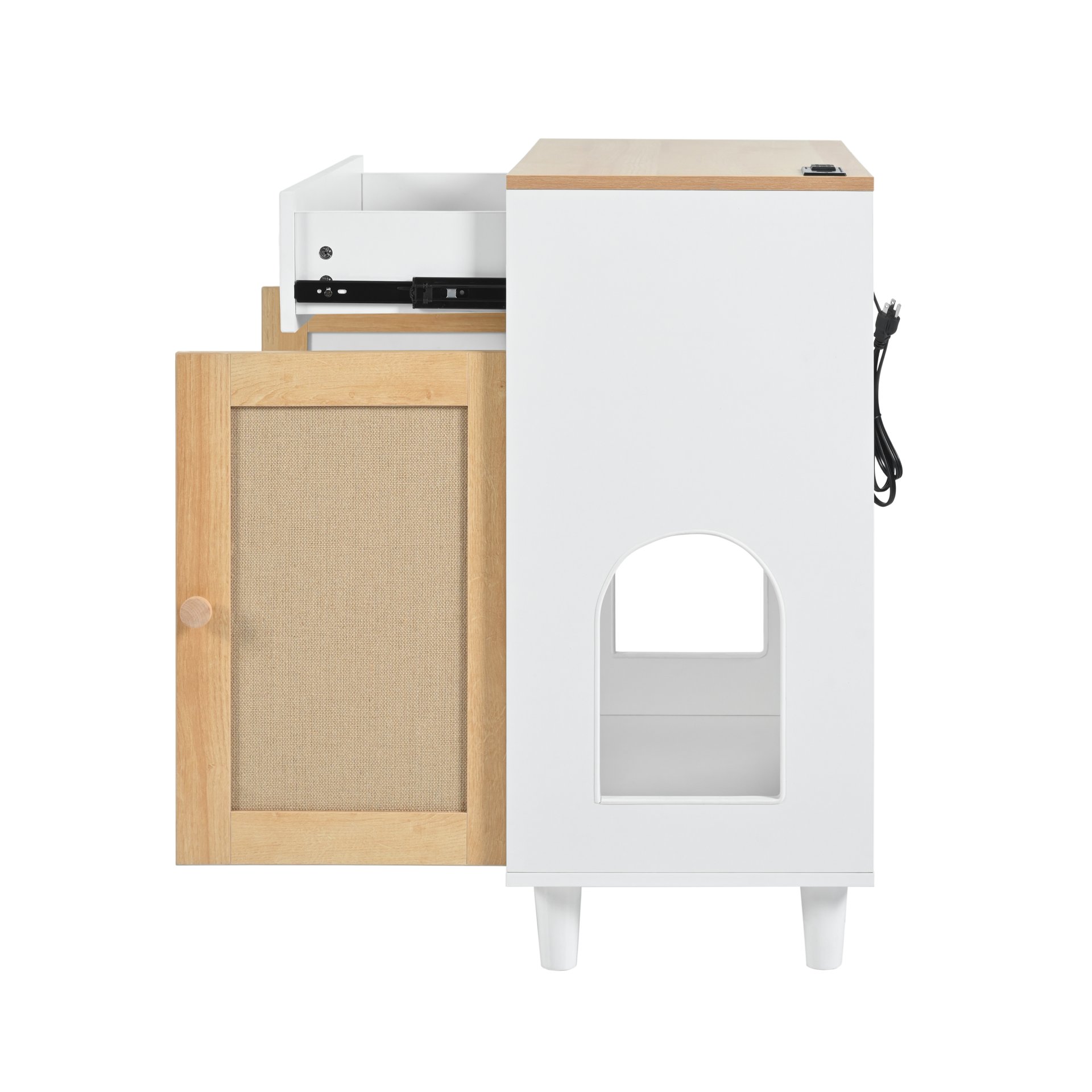 Pet Friendly Furniture Style Cat Litter Box House With Sisal Scratching Door And Charging Socket - Beige / White - Image 8