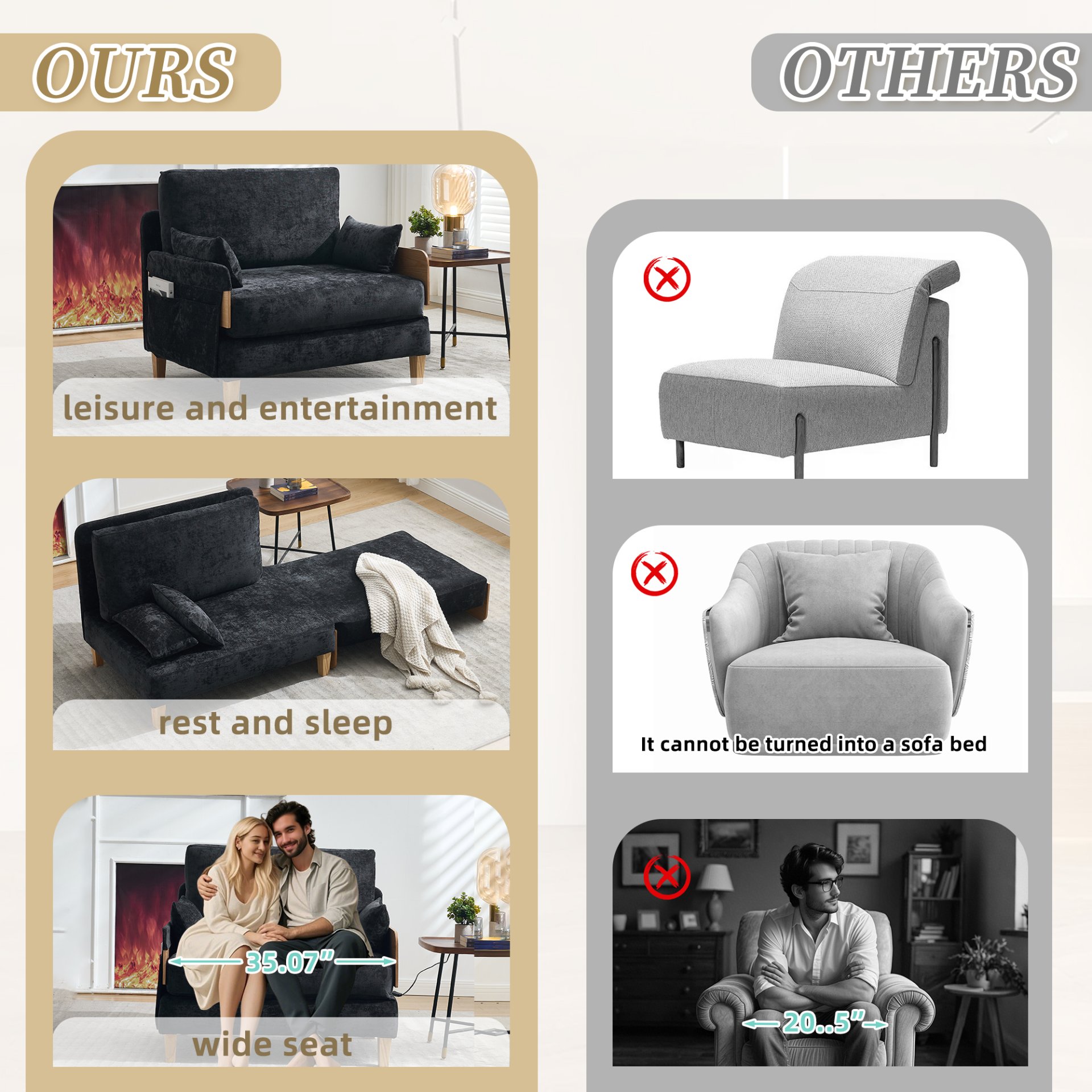 Mid Century Modern Foldable Sofa Bed Recliner, 3 - 1 Convertible Sleeper With 3 Pillows For Small Spaces - Black - Image 7