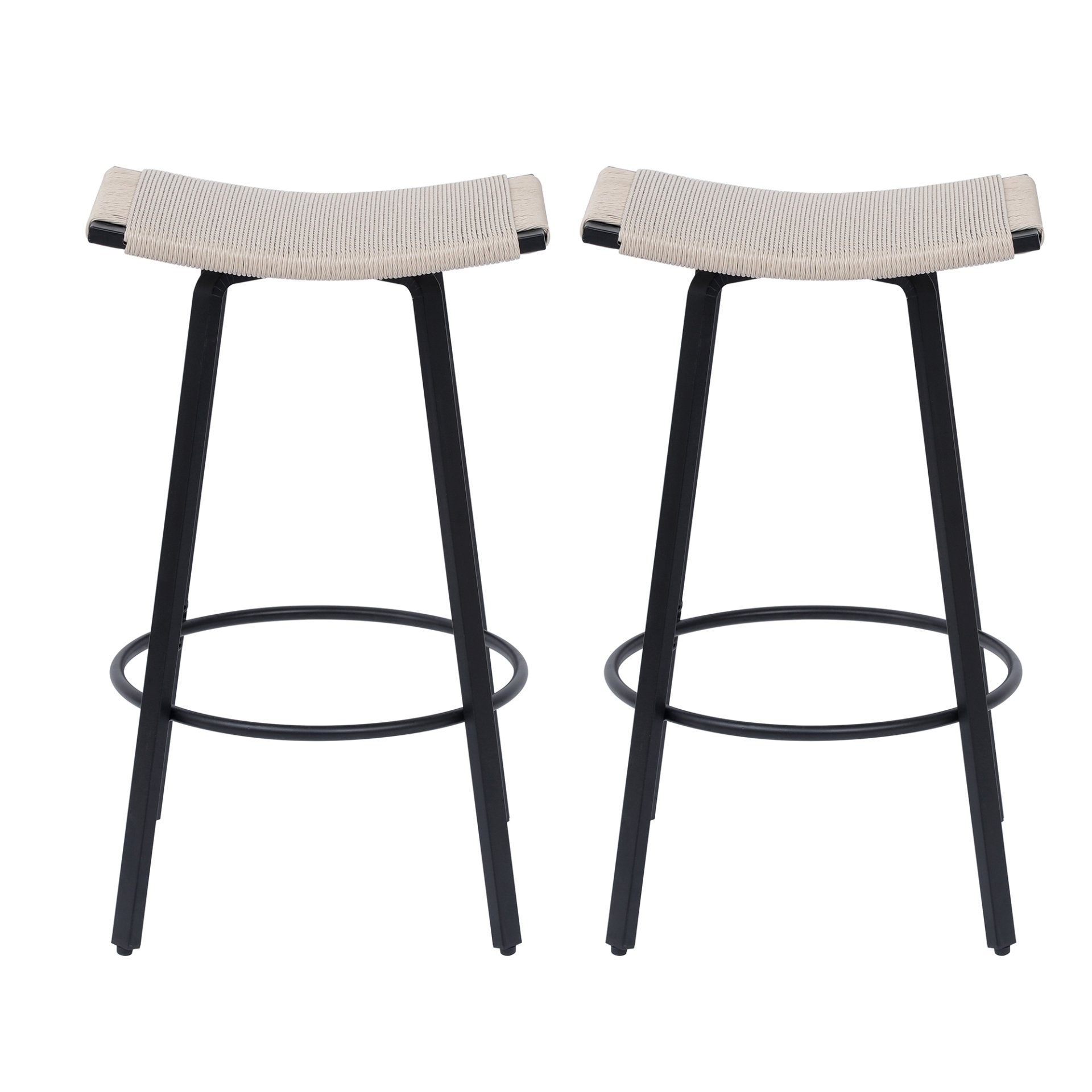 Counter Height Bar Stools Backless Handwoven Kitchen Dining Chairs With Round Footrest (Set of 2) Weaving Pub Stoo - Creamy White - Image 6