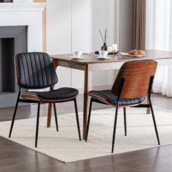 Dining Chairs Mid-Century Modern Retro Faux Leather Chair With Walnut Bentwood Back Upholstered Seat Metal Legs Adjustable Foot For Kitchen Dining Room Chairs (Set of 2) - Black