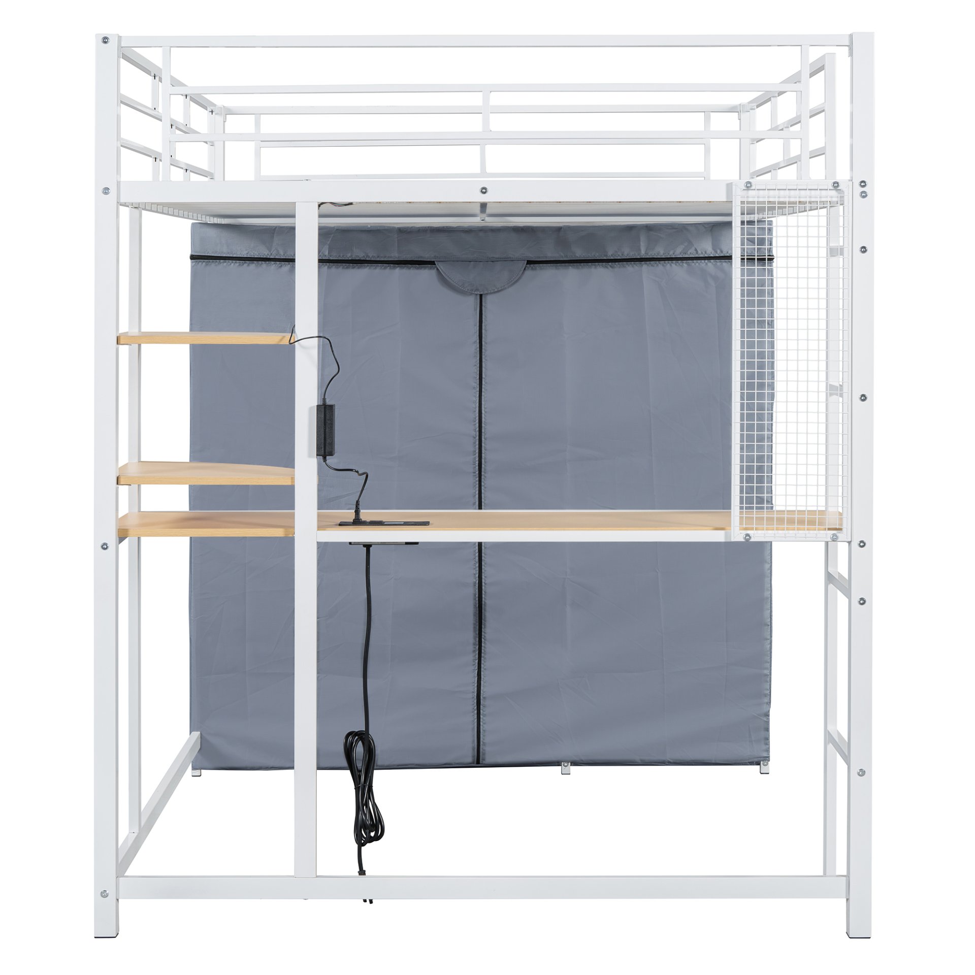 Full Size Loft Bed With Desk, Shelves, Power Outlet, LED Light And Wardrobe - White - Image 17