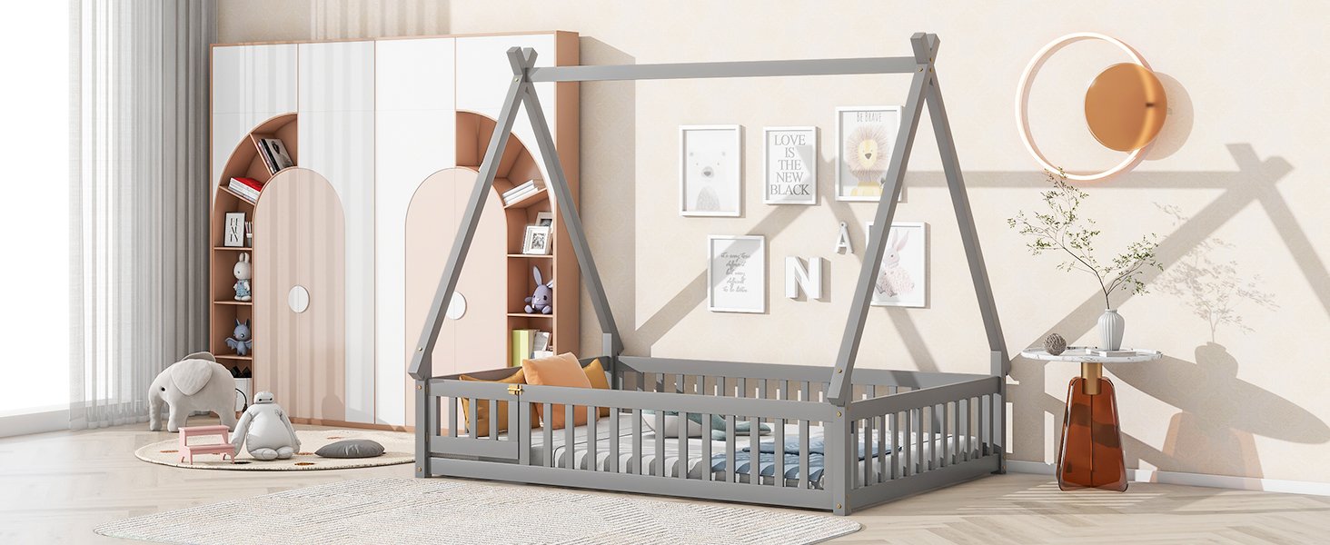 Full Tent-Shaped Floor Bed, With Guardrails, Slats, Door - Gray - Image 7